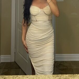 Cream Bodycon Ruched Bustier Dress